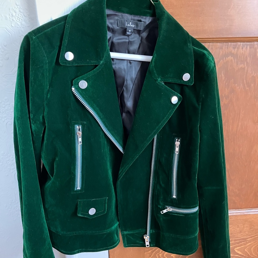 Lulu’s forest green velvet Moto jacket